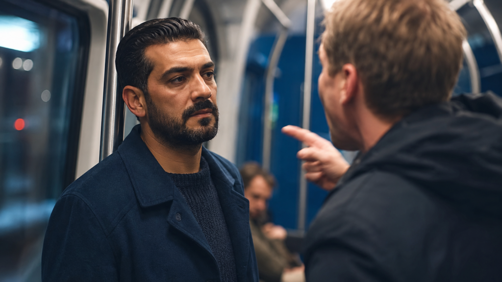 Mann in Stadtbahn, angespannt und suchend – auf Diskriminierung auf Deutsch reagieren