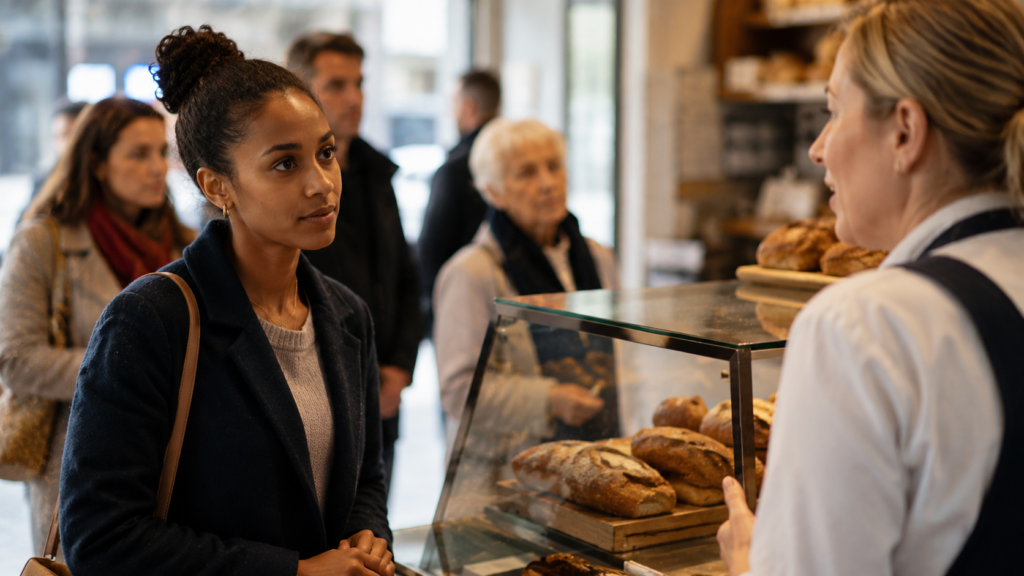 eine junge Frau steht an der Theke einer Bäckerei