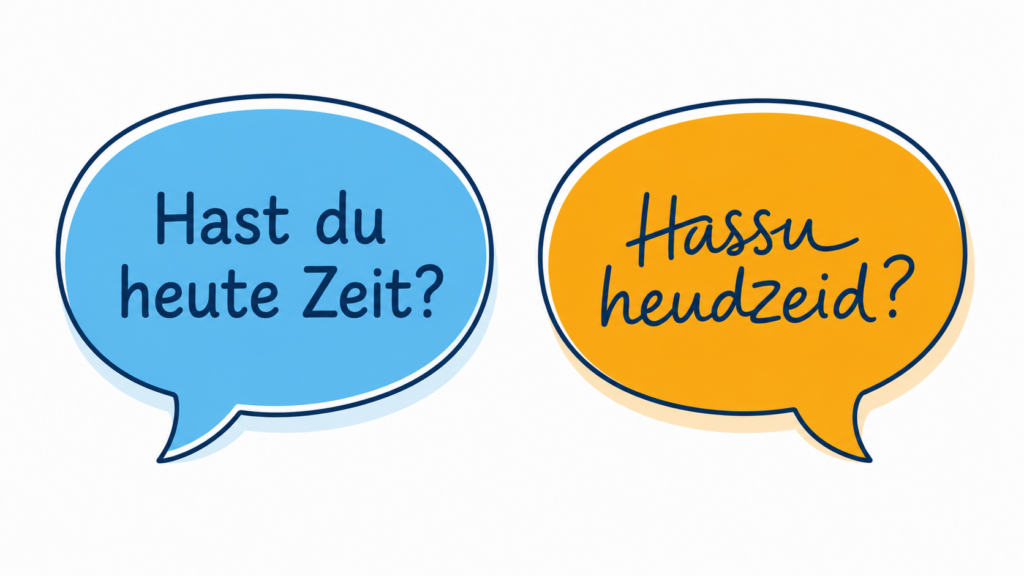 zwei Sprechblasen, eine mit Standardtext, die zweite mit Verschleifung