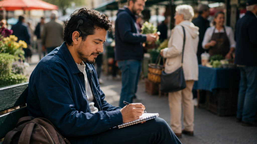 ein junger Mann sitzt auf einer Bank auf einem Wiochenmarkt und macht sich Notizen